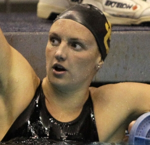 Katinka Hosszu of the University of Southern California Trojans reacts after winning the 400 yard individual medley relay final at the NCAA Womens Division I Championship at the James A Martin Aquatic Center.