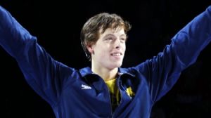 Second place finisher Connor Jaeger waves to the crowd during the medals ceremonies on day 8 of the 2012 U.S. Olympic swimming team trials at the CenturyLink Center.
