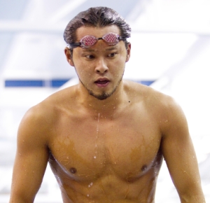 Kosuke Kitajima gets out of the water after competing in the mens 100 meter breaststroke during the 2012 Columbus Grand Prix at the McCorkle Aquatic Pavillion.