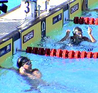 Rachel Komisarz is excited about her 100 Fly win at the 2004 Olympic Trials