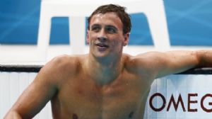 USA swimmer Ryan Lochte reacts after winning the gold medal in the mens 400 individual medley during the 2012 London Olympic Games at Aquatics Centre.