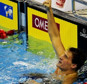 Shanghai, CHINA; Ryan Lochte (USA) celebrates after winning the men's 200m individual medley final the 14th FINA World Championships.