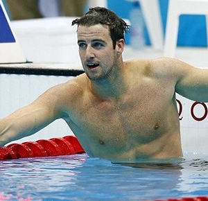 James Magnussen (AUS) reacts after winning his men's 100m freestyle heat during the London 2012 Olympic Games at Aquatics Centre.