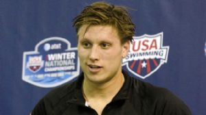 Michael McBroom (Texas) reacts after winning the Men's 500 yard freestyle during the U.S. Winter National Championships at the Texas Swimming Center.