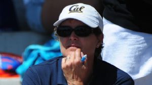 USA women's swimming head coach Teri McKeever watches during the Santa Clara international grand prix at the George F. Haines International Swim Center. McKeever is also the head coach of the California Golden Bears.
