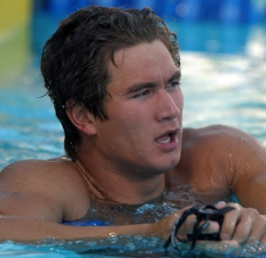 Nathan Adrian (USA) reacts after winning the 100m freestyle in a meet record 48.15 in the 2010 Pan Pacific swimming championships at the William Woollett Jr. Aquatics Center.