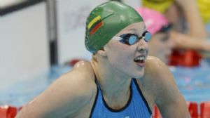 Ruta Meilutyte (LIT) celebrates after winning the women's 100m breaststroke finals during the London 2012 Olympic Games at Aquatics Centre.