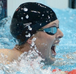 Allison Schmitt (USA) reacts after winning the women's 200m freestyle finals during the London 2012 Olympic Games at Aquatics Centre.