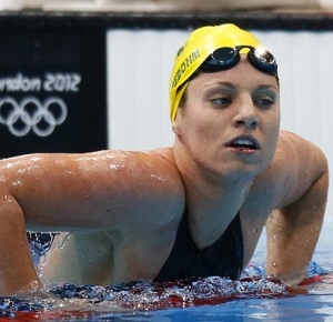 Emily Seebohm (AUS) reacts after the100m women's backstroke semifinal during the London 2012 Olympic Games at Aquatics Centre.