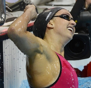 Rebecca Soni (USA) celebrates after winning the women's 200m breaststroke final during the London 2012 Olympic Games at Aquatics Centre.