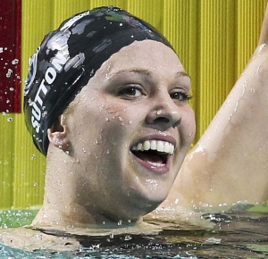 Chloe Sutton reacts to winning the 400m freestyle at the Duel in the Pool in the Georgia Tech Aquatics Center.