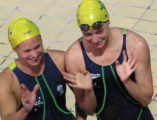 lenton and mills after 400 free relay final gold medal and WR.