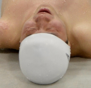 Oing Xu (CHN) celebrates after swimming in the men's 50m butterfly 5S during the London 2012 Paralympic Games at Aquatics Centre.