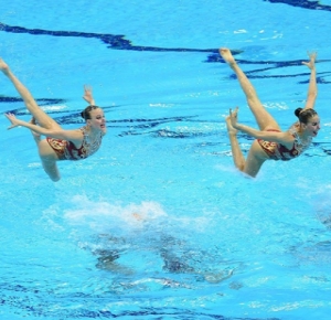 Russia competes in the synchronized swimming teams technical routine during the London 2012 Olympic Games at Aquatics Centre.