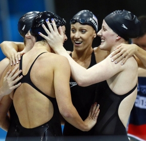 USA swimmers Dana Vollmer - Missy Franklin - Allison Schmitt and Shannon Vreeland celebrate after winning the gold medal in the women's 4x200m freestyle relay final during the London 2012 Olympic Games at Aquatics Centre.