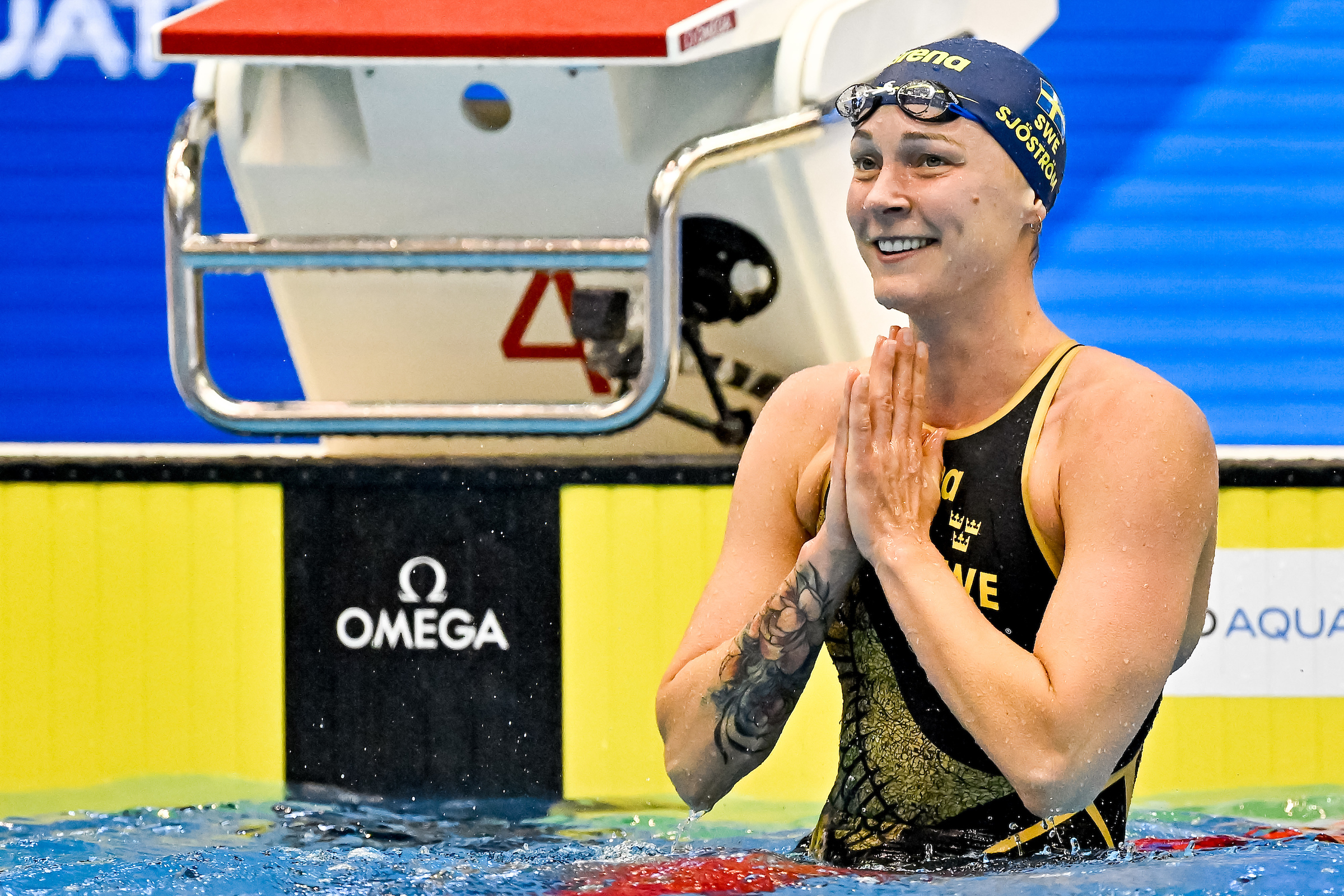 Sarah Sjostrom of Sweden celebrates after winning the gold medal in the 50m Butterfly Women Final during the 20th World Aquatics Championships at the Marine Messe Hall A in Fukuoka (Japan), July 29th, 2023.