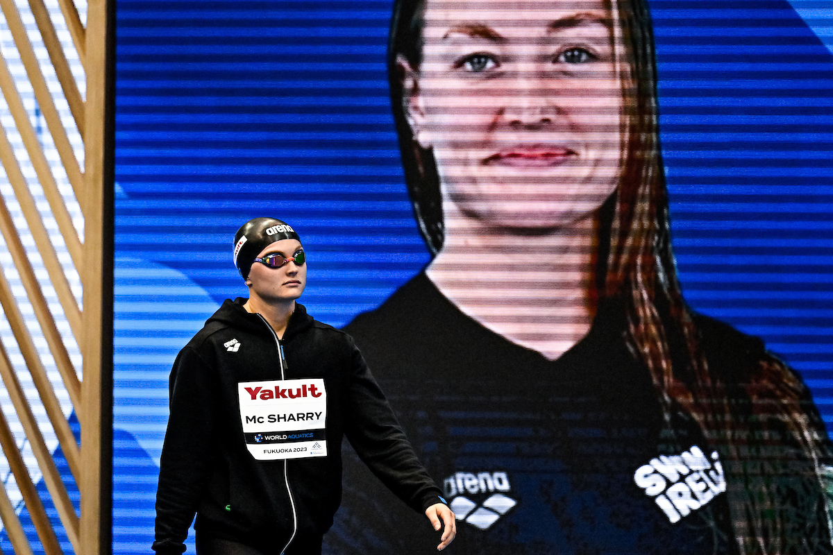 Mona Mc Sharry of Ireland prepares to compete in the 100m Breaststroke Women Semifinal during the 20th World Aquatics Championships at the Marine Messe Hall A in Fukuoka (Japan), July 24th, 2023.