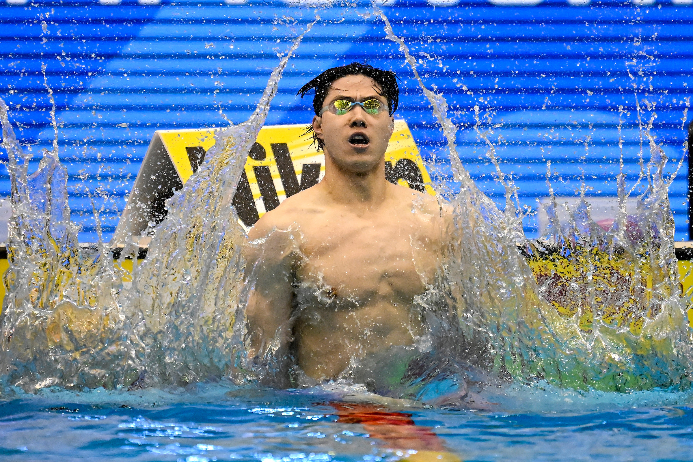 Haiyang Qin of China celebrates after competing in the 200m Breaststroke Men Final during the 20th World Aquatics Championships at the Marine Messe Hall A in Fukuoka (Japan), July 28th, 2023. Haiyang Qin placed first winning the gold medal.