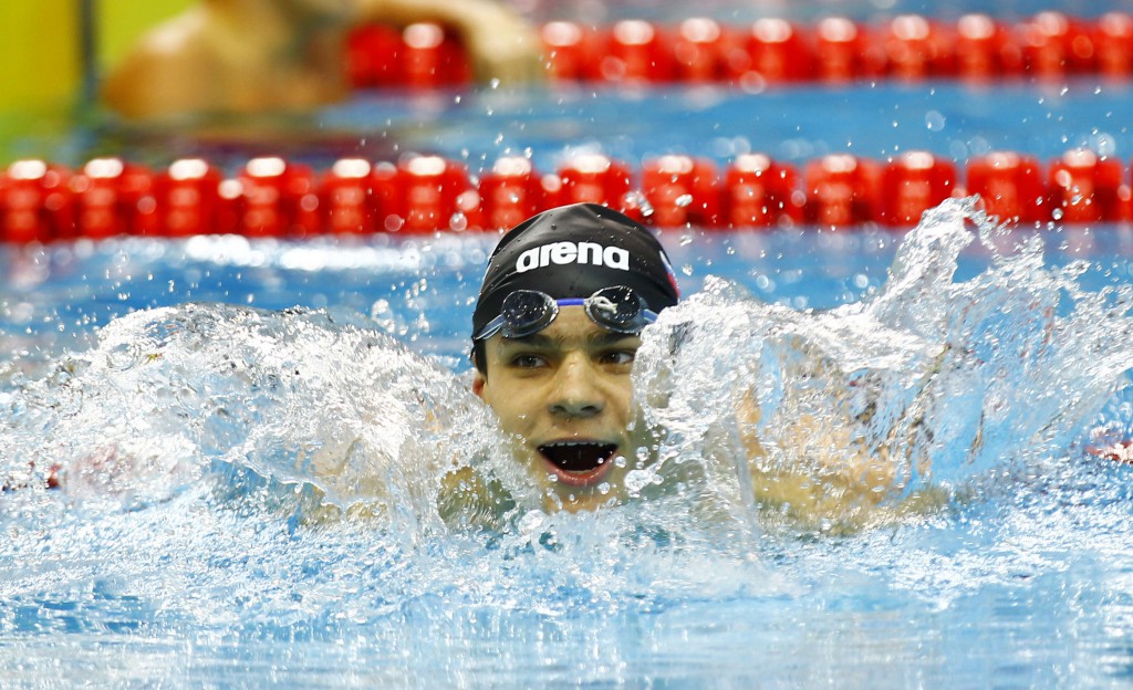 (SP)YOG-CHINA-NANJING-SWIMMING (140820) -- Nanjing, Aug 20,2014 (Xinhua) -- Evgeny Rylov of Russian Federation reacts after the final of Men's 50m Backstroke of Nanjing 2014 Youth Olympic Games in Nanjing, capital of east China?s Jiangsu Province, on August 20, 2014. Evgeny Rylov won the gold. (Xinhua/Ding Xu) (lyq)