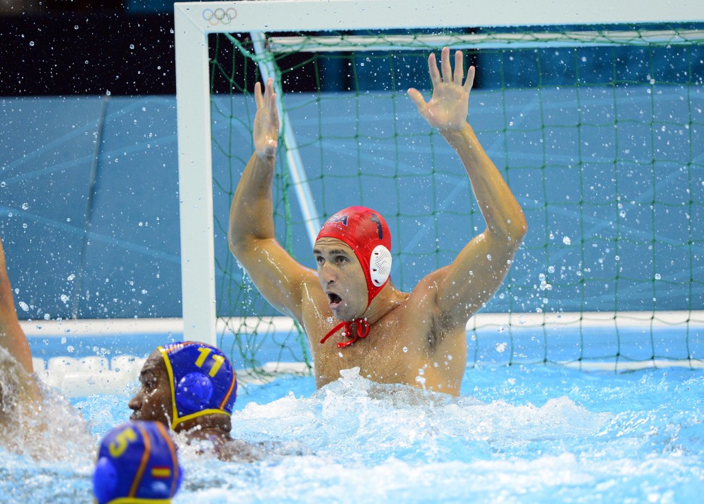 Aug 10, 2012; London, United Kingdom; USA goalkeeper Merrill Moses (1) waits for a shot in the second half in the men's semifinal 5th-8th match during the London 2012 Olympic Games at Water Polo Arena. Mandatory Credit: Christopher Hanewinckel-USA TODAY Sports