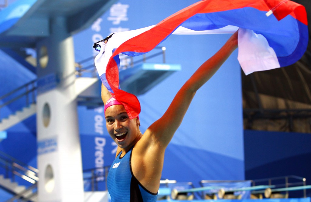 (140822) -- Nanjing, Aug 22,2014 (Xinhua) -- Rozaliya Nasretdinova of Russian Federation celebrates after wining the Women's 50m Freestyle competition of Nanjing 2014 Youth Olympic Games in Nanjing, capital of east China?s Jiangsu Province, on August 22, 2014. (Xinhua/Ding Xu) (lyq)
