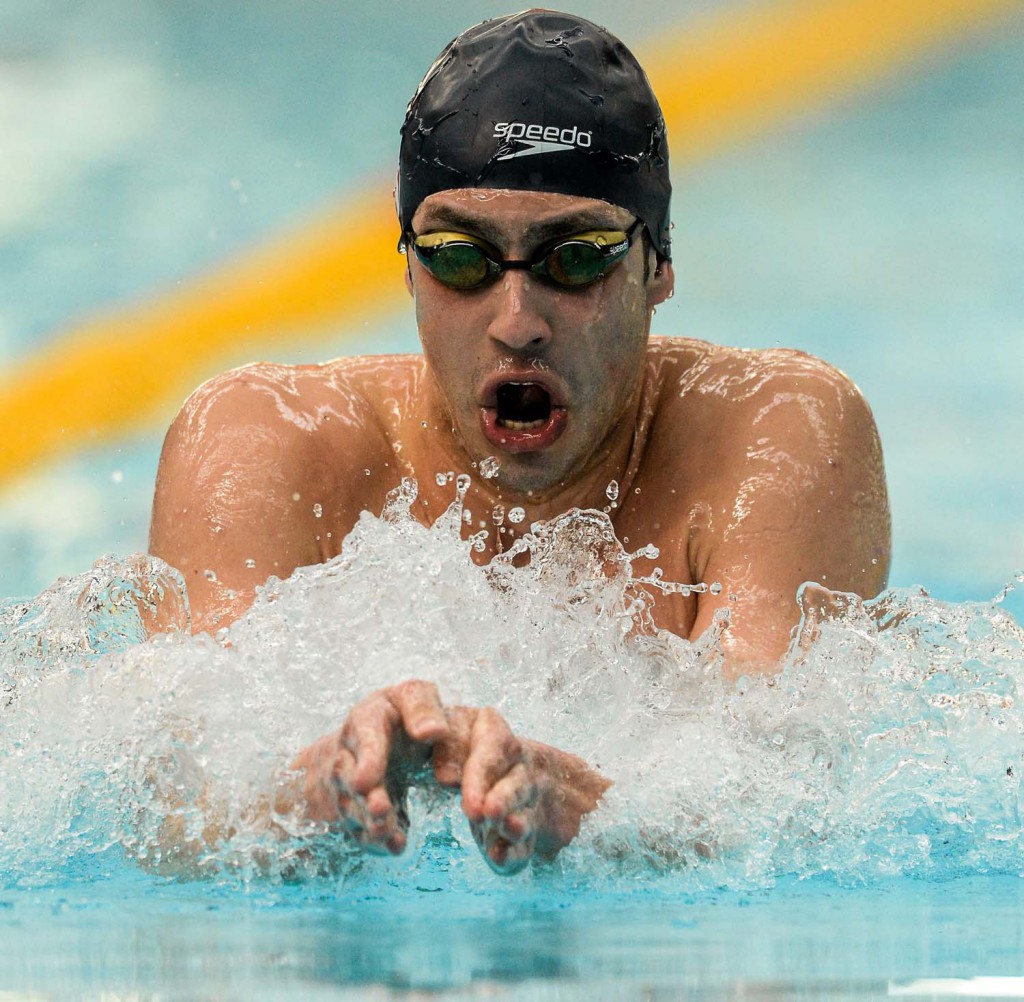 1 May 2015; Alex Lebed, NCSA, on his way to winning the A final of the men's 400m individual medley event, during the 2015 Irish Open Swimming Championships at the National Aquatic Centre, Abbotstown, Dublin. Picture credit: Paul Mohan / SPORTSFILE