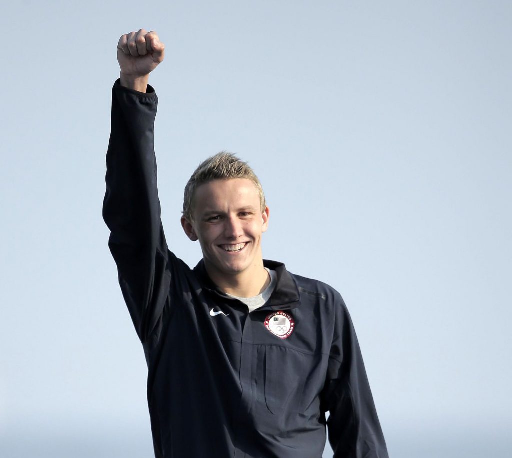 Jul 12, 2015; Toronto, Ontario, CAN; David Heron of the United States celebrates after winning the silver medal in the men's open water swim during the 2015 Pan Am Games at Ontario Place West Channel. Mandatory Credit: Erich Schlegel-USA TODAY Sports