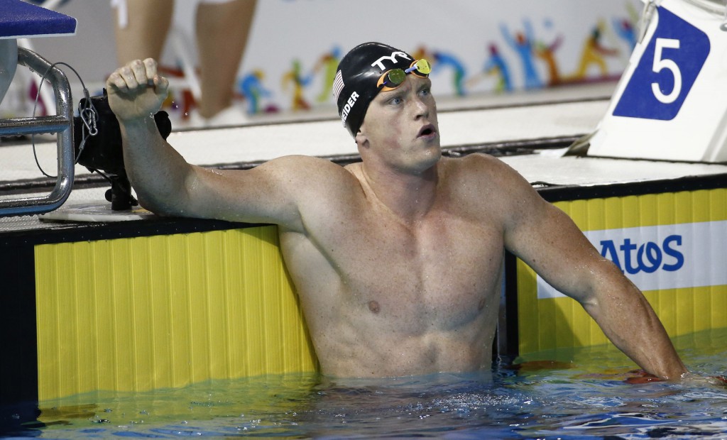 Jul 17, 2015; Toronto, Ontario, CAN; Josh Schneider of the United States celebrates after winning the men's 50m freestyle final the 2015 Pan Am Games at Pan Am Aquatics UTS Centre and Field House. Mandatory Credit: Rob Schumacher-USA TODAY Sports