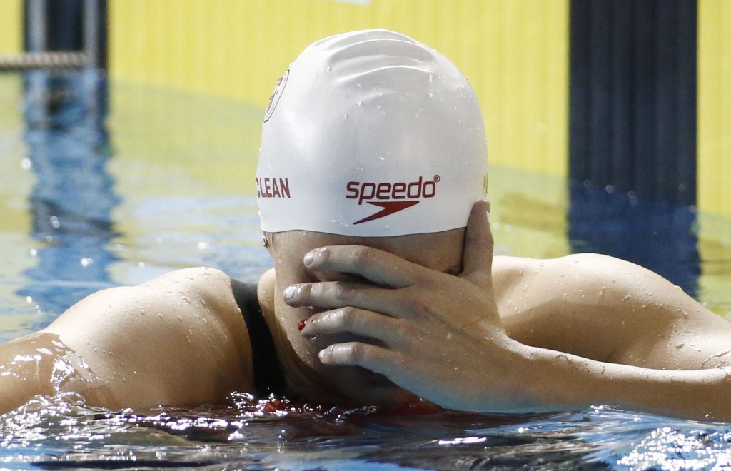 Jul 18, 2015; Toronto, Ontario, CAN; Brittany MacLean of Canada reacts after the women's swimming 800m freestyle final during the 2015 Pan Am Games at Pan Am Aquatics UTS Centre and Field House. Mandatory Credit: Rob Schumacher-USA TODAY Sports