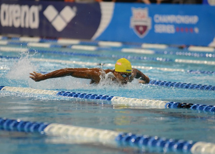 Jan 17, 2016; Austin, TX, USA; Simon Sjodin swims in the men's 200 meter butterfly final at Lee & Joe Jamail Texas Swimming Center. Mandatory Credit: Brendan Maloney-USA TODAY Sports