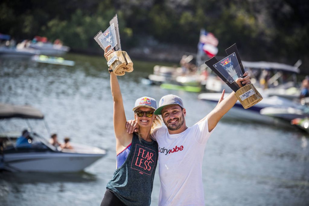 Event winners Rhiannan Iffland (L) of Australia and Blake Aldridge of the UK celebrate on the podium during the fourth stop of the Red Bull Cliff Diving World Series at Possum Kingdom Lake, Texas, USA on September 3, 2017. // Romina Amato/Red Bull Content Pool // P-20170904-06906 // Usage for editorial use only // Please go to www.redbullcontentpool.com for further information. //
