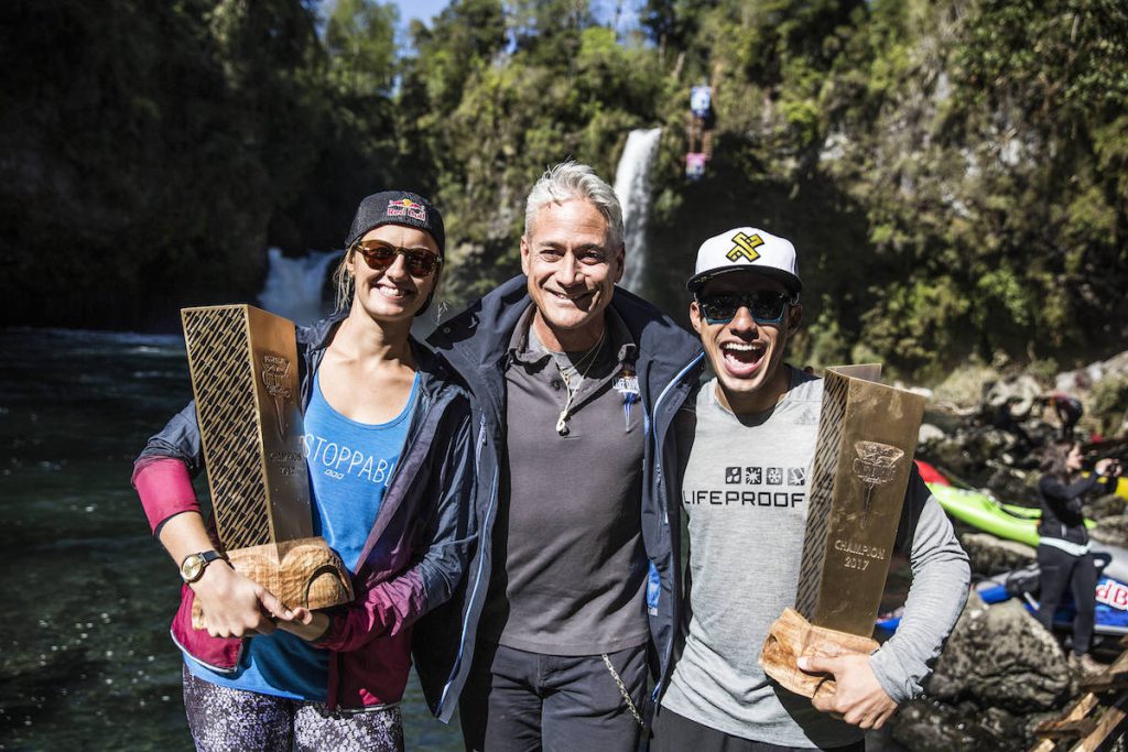 Rhiannan Iffland of Australia, Greg Louganis and Jonathan Paredes of Mexico with their overall series trophy for 2017 after the sixth and final stop of the Red Bull Cliff Diving World Series at Rininahue waterfall, Lago Ranco, Chile on October 21, 2017. // Romina Amato/Red Bull Content Pool // P-20171022-00174 // Usage for editorial use only // Please go to www.redbullcontentpool.com for further information. //