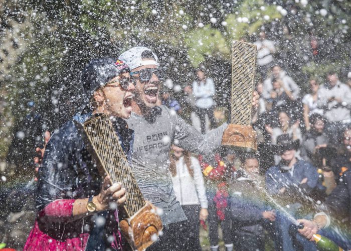 Jonathan Paredes (R) of Mexico and Rhiannan Iffland of Australia celebrate with their overall series trophy for 2017 after the sixth and final stop of the Red Bull Cliff Diving World Series at Rininahue waterfall, Lago Ranco, Chile on October 21, 2017. // Romina Amato/Red Bull Content Pool // P-20171022-00210 // Usage for editorial use only // Please go to www.redbullcontentpool.com for further information. //