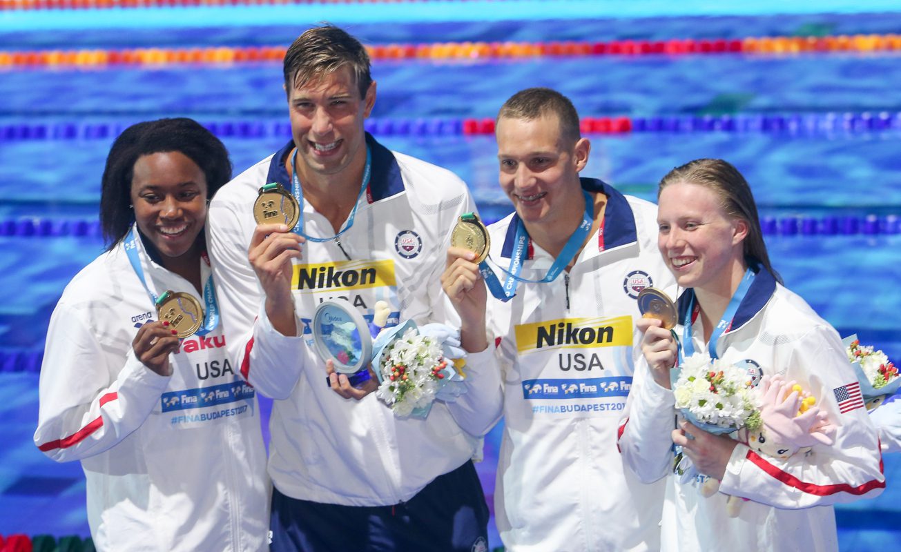 26.07.2017, Budapeszt, FINA World Swimming Championships, mistrzostwa swiata, Simone Manuel (USA), Matt Grevers (USA), Caeleb Remel Dresser (USA), Lilly King (USA), fot. Tomasz Jastrzebowski / Foto Olimpik *** Please Use Credit from Credit Field ***