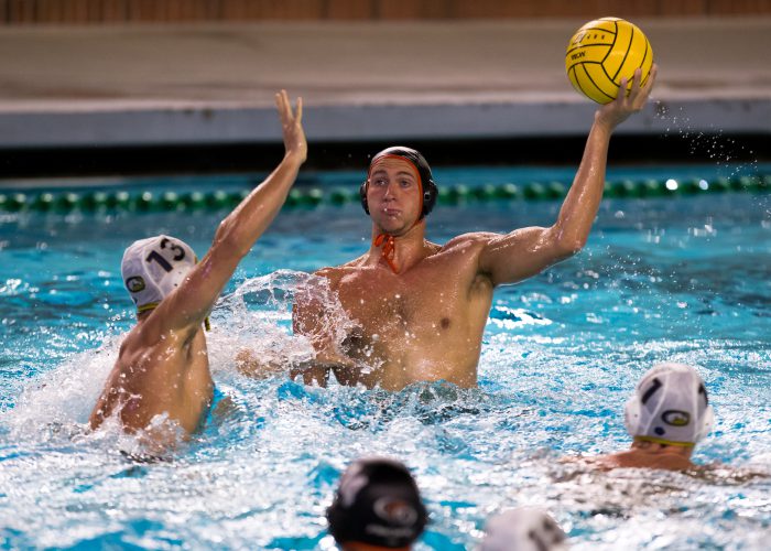 November 30, 2017; Uytengsu Aquatics Center, Los Angeles, California, USA; Waterpolo: NCAA: UC Davis Aggies vs University of the Pacific Tigers; Pacific Utility Luke Pavillard guarded by UC Davis Attacker Colter Knight Photo credit: Catharyn Hayne- KLC fotos
