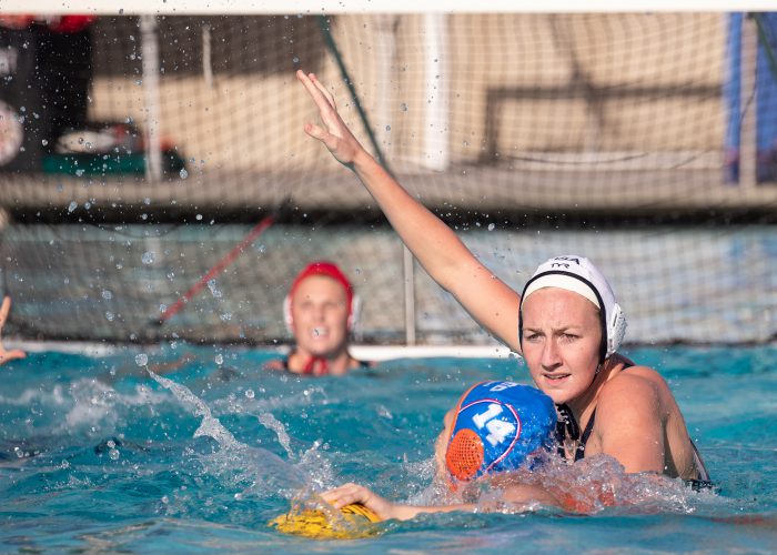 December 22, 2018; El Torro High School, Lake Forest, CA, USA; USA Water Polo Women's Water Polo Exhibition Series: USA vs Netherlands; USA Paige Hauschild pressures Netherlands Simone van der Kraats Photo credit: Catharyn Hayne