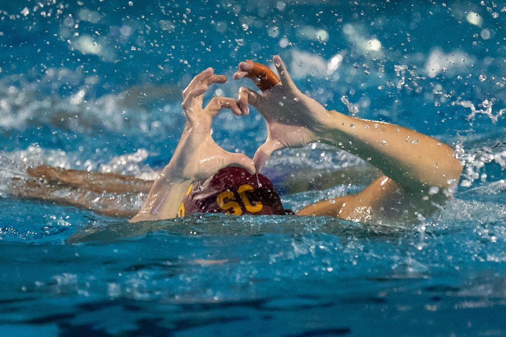 December 1, 2018; , Palo Alto, CA, USA; Collegiate Men's Water Polo:NCAA Semi Finals: USC vs UCLA; USC Driver Zach D'Sa scores Photo credit: Catharyn Hayne