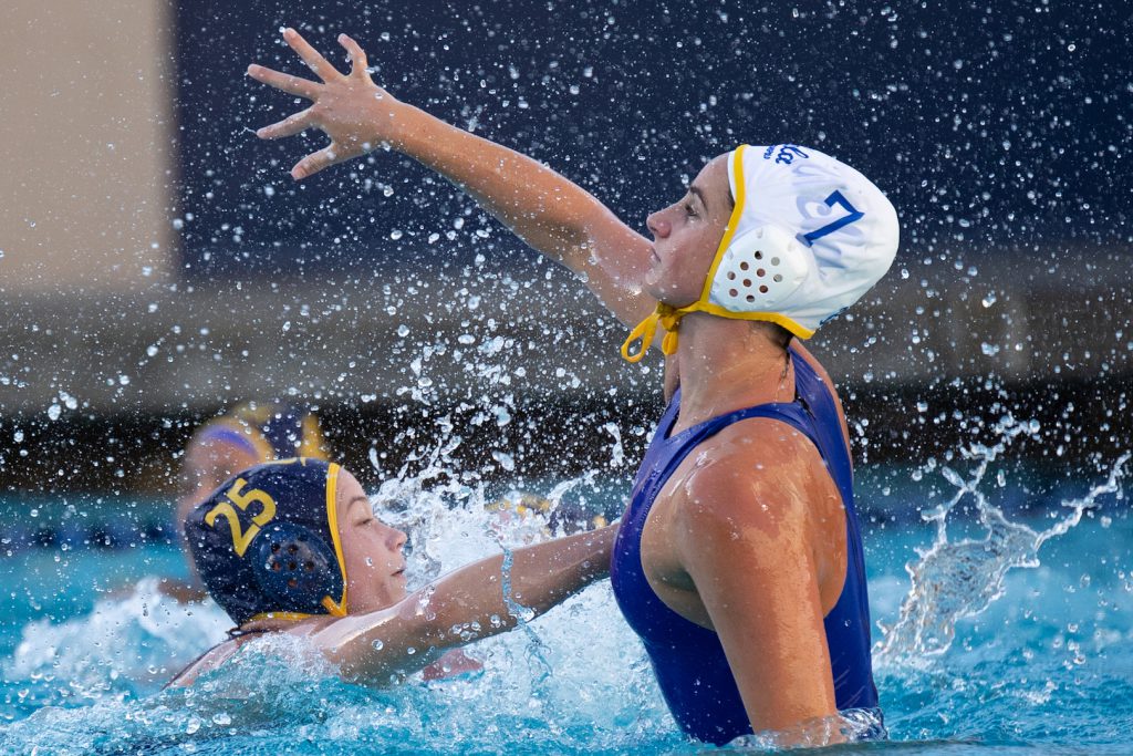 January 27, 2019; Spieker Aquatics Center, Berkeley, CA, USA; Womens Water Polo:Cal Cup : California Golden Bears vs UCLA Bruins Exhibition Game; UCLA Attacker Maddie Musselman guarded by California Attacker Georgia Bogle Photo credit: Catharyn Hayne
