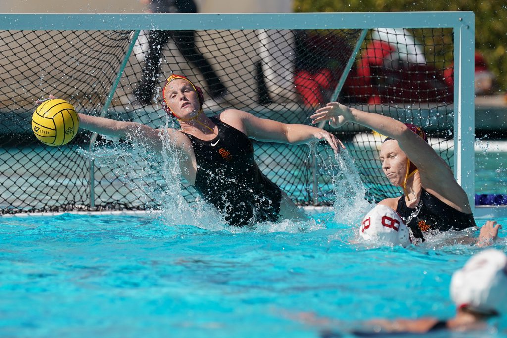 February 24, 2019; UC Irvine, Irvine, CA, USA; Collegiate Women's Water Polo: Barbara Kalbus Invitational: USC Trojans vs Stanford Cardinals; USC Trojans Goalkeeper Amanda Longan Photo credit: Catharyn Hayne