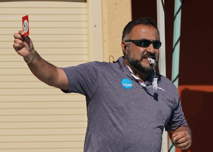 May 11, 2019; Avery Aquatic Center, Palo Alto, CA, USA; Collegiate Women's Water Polo: NCAA Semi Finals: USC Trojans vs California Golden Bears; California Head Coach Coralie Simmons gets red carded Photo credit: Catharyn Hayne
