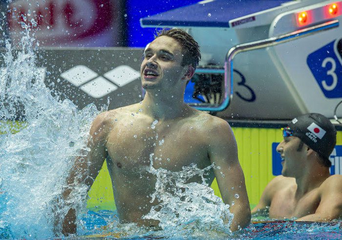 Kristof Milak of Hungary celebrates after winning in the men's 200m Butterfly Final during the Swimming events at the Gwangju 2019 FINA World Championships, Gwangju, South Korea, 24 July 2019.