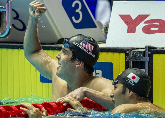 Second placed Jay Litherland of the United States of America (USA) (L) and winner Daiya Seto of Japan react after competing in the men's 400m Individual Medley (IM) Final during the Swimming events at the Gwangju 2019 FINA World Championships, Gwangju, South Korea, 28 July 2019.