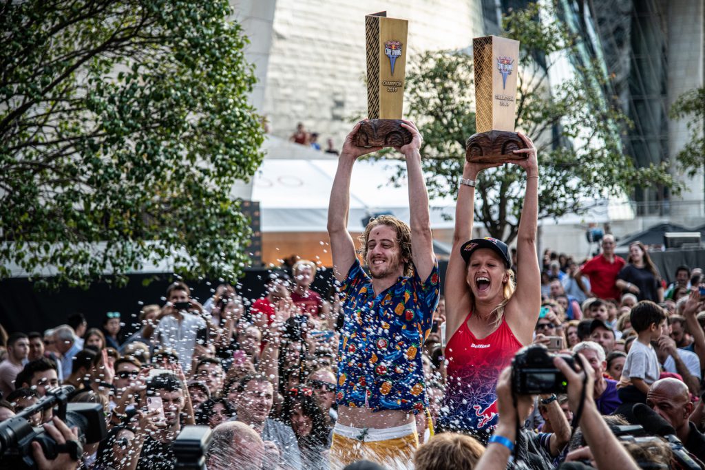 Overall World Series winners 2019, Gary Hunt (L) of the UK and Rhiannan Iffland of Australia celebrate on the podium with the King Kahekili tropies during the final competition day of the seventh and final stop of the Red Bull Cliff Diving World Series in Bilbao Spain on September 14, 2019. // Dean Treml/Red Bull Content Pool // AP-21JTEATTD2111 // Usage for editorial use only //
