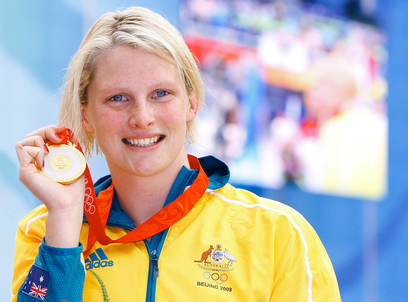 Leisel JONES of Australia poses with her gold medal after winning in the women's 100m breaststroke final in the national aquatics center at the Beijing 2008 Olympic Games in Beijing, China, Sunday, April 6, 2008. (Photo by Patrick B. Kraemer / MAGICPBK)