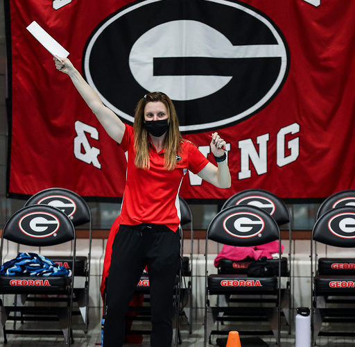 Georgia associate head coach Stefani Williams Moreno during a meet against Florida at the Gabrielsen Natatorium in Athens, Ga., on Friday, Oct. 30, 2020. (Photo by Tony Walsh)