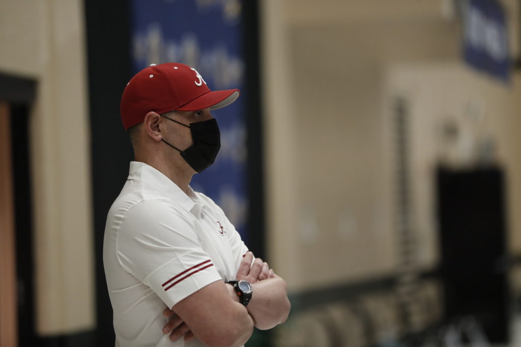 2/24/21 MWSD Alabama vs SECChampionships Alabama Interim Head Coach Ozzie Quevedo Photo by Jeff Hanson
