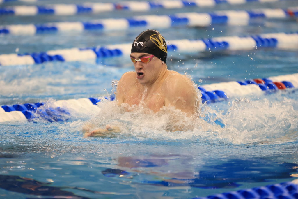 GREENSBORO, NC - MARCH 26: Swimmers compete during the Prelims of the Division I Men’s Swimming & Diving Championships held at the Greensboro Aquatic Center on March 26, 2021 in Greensboro, North Carolina. (Photo by Carlos Morales/NCAA Photos via Getty Images)