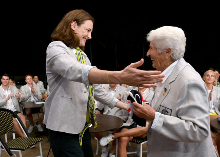 Cate Campbell and Dawn Fraser. Swimming team celebrations of the announcement of Cate Campbell as flagbearer for the Australian Olympic Team at Tokyo2020 Olympic Games. Cairns Australia, July 7 2021. EDITORIAL USE ONLY. Photo by Delly Carr. Pic Credit Mandatory for free usage. Thank you.