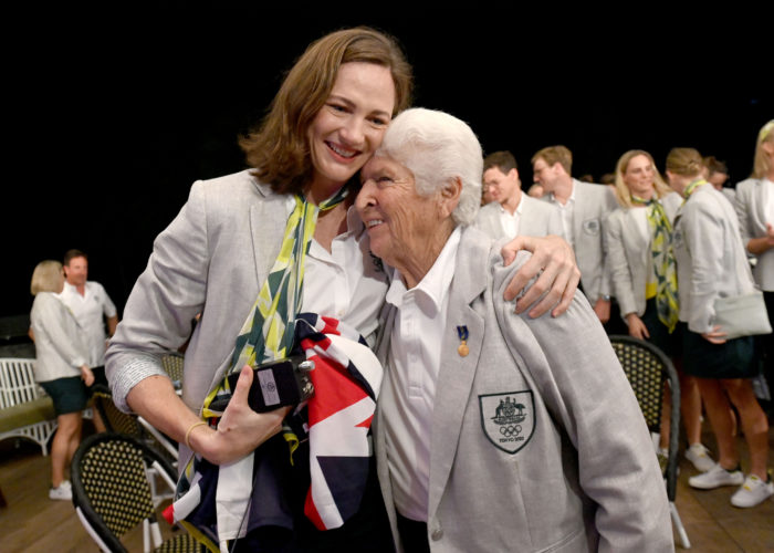 Cate Campbell and Dawn Fraser. Swimming team celebrations of the announcement of Cate Campbell as flagbearer for the Australian Olympic Team at Tokyo2020 Olympic Games. Cairns Australia, July 7 2021. EDITORIAL USE ONLY. Photo by Delly Carr. Pic Credit Mandatory for free usage. Thank you.