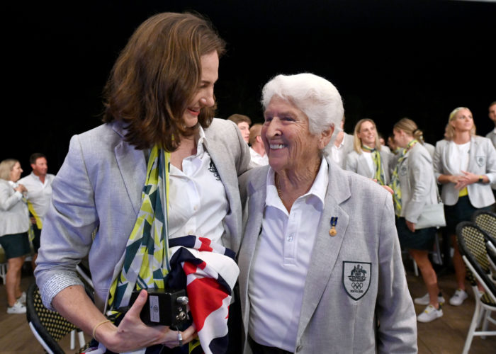 Cate Campbell and Dawn Fraser. Swimming team celebrations of the announcement of Cate Campbell as flagbearer for the Australian Olympic Team at Tokyo2020 Olympic Games. Cairns Australia, July 7 2021. EDITORIAL USE ONLY. Photo by Delly Carr. Pic Credit Mandatory for free usage. Thank you.